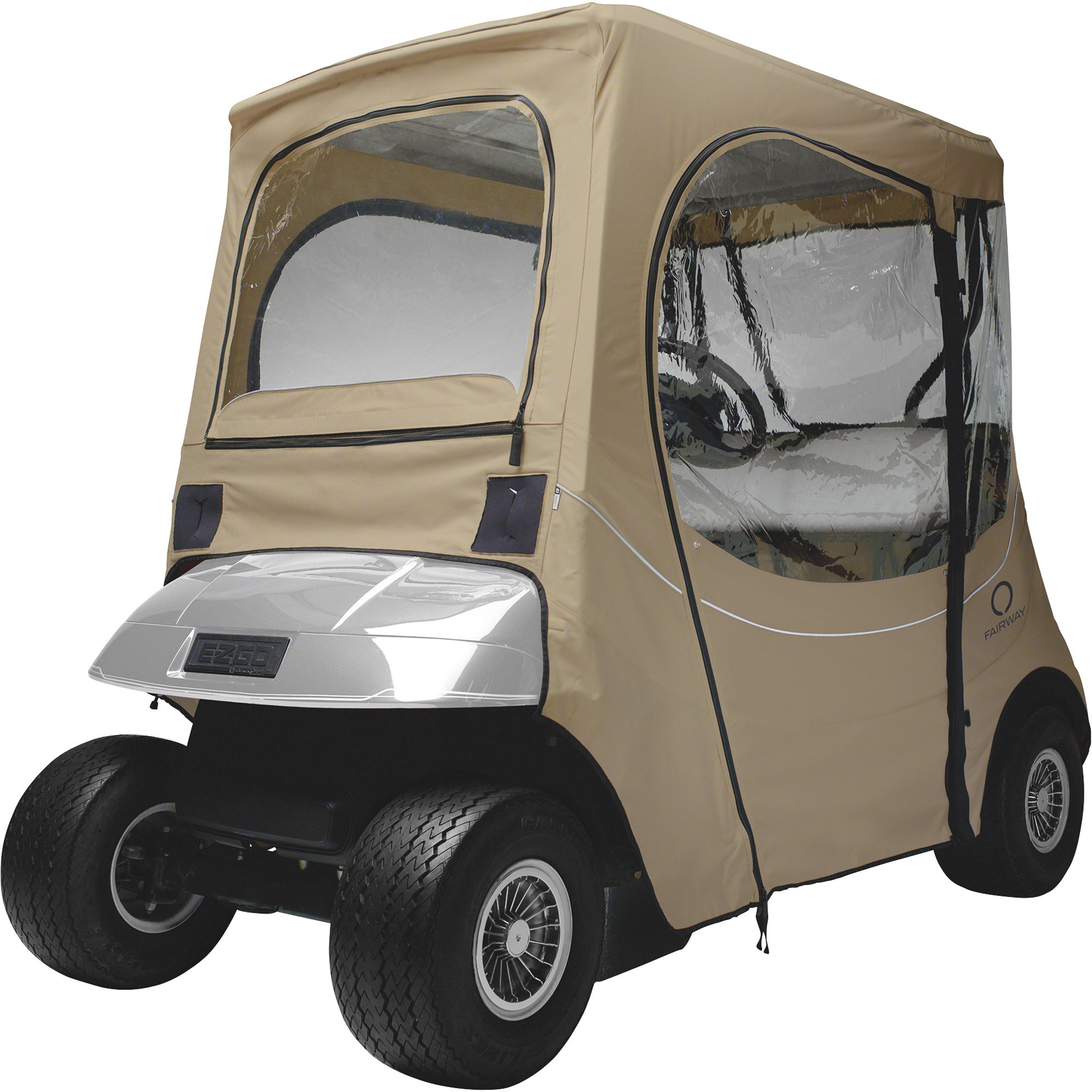 Classic Accessories Fairway FadeSafe E-Z-Go Golf Cart Enclosure, Short Roof, Fits E-Z-Go, 2-Person, Light Khaki, Model# 40-058-335801-00